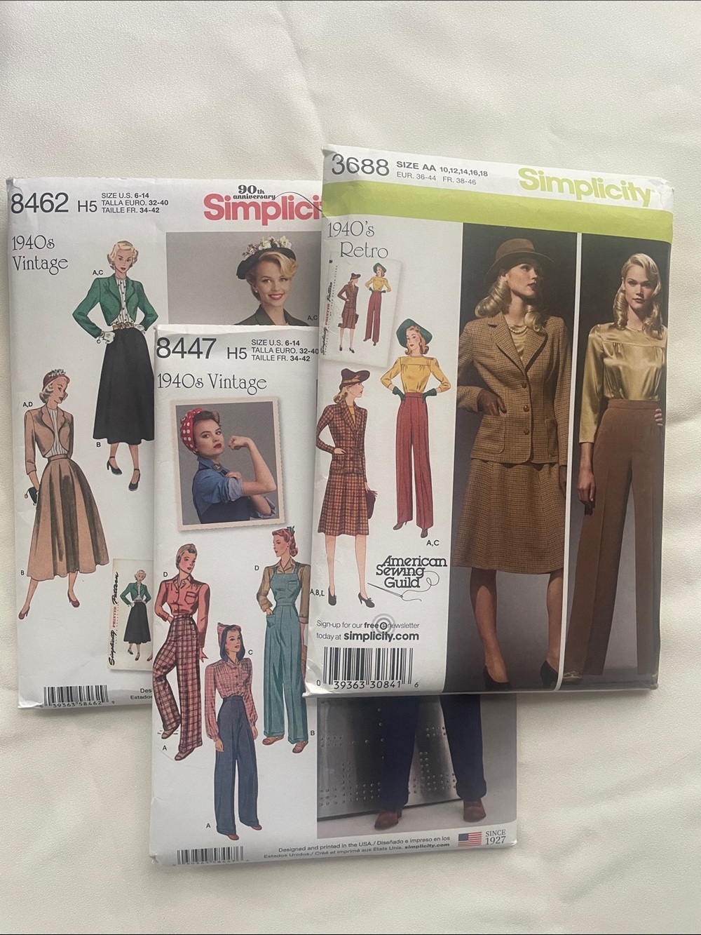 Simplicity Vintage 1940s lot of 3 Sewing Patterns uncut complete 3688 8447 8462